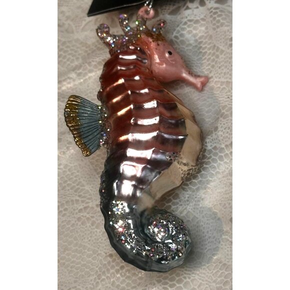 Nautical Coastal Pink Gold Seahorse Ornament Glitter Pearls Holiday Christmas - Picture 3 of 3